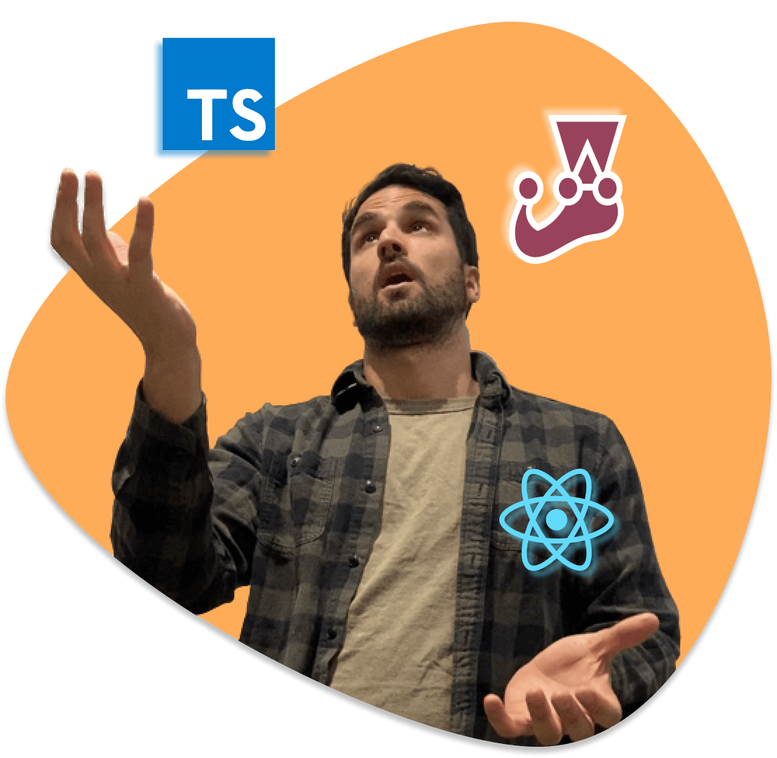 Andy juggling Typescript, React, and Jest logos.